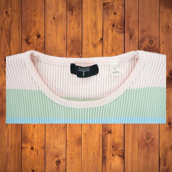 Tahari Pastel Sweater Women's Striped Colorful with Bubble Cuff Sleeves Sz Small - Picture 3 of 3